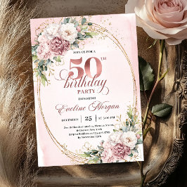 Lovely Rose Gold Blush Flowers 50th Birthday Party Inbjudningar