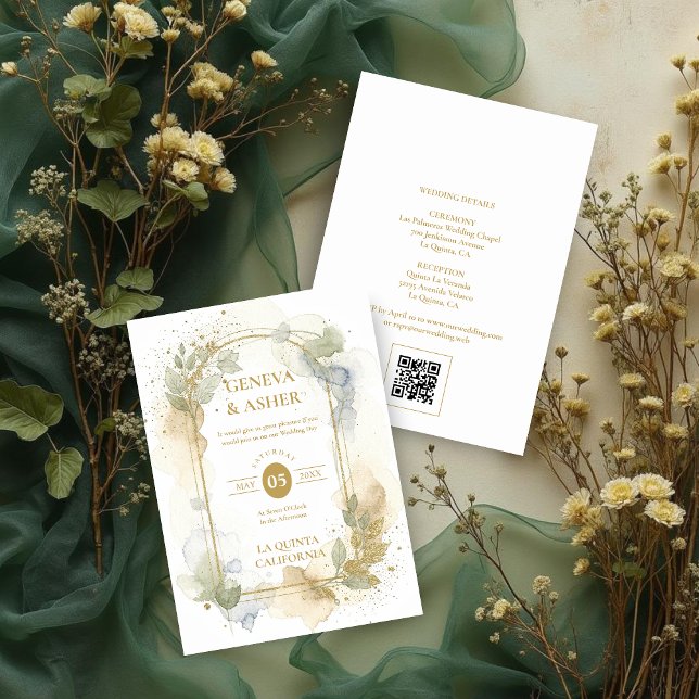 Lovely Spring Green & Beige Floral Arch Wedding Inbjudningar (Lovely Spring Green & Beige Floral Arch Glitter Effect Wedding Invitation with Back QR Code.)
