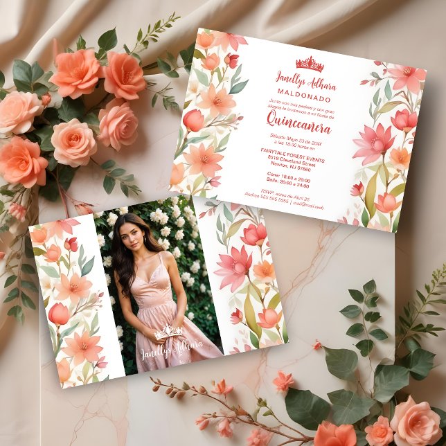 Lovely Sweet Floral Garland Spanish Photo Mis XV Inbjudningar (Lovely Sweet Floral Garlands Spanish Photo Mis XV Invitations Cards. )