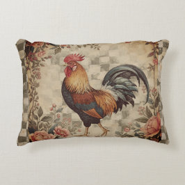Lovely Vintage Rooster ,Flowers Pattern, Checke Prydnadskudde
