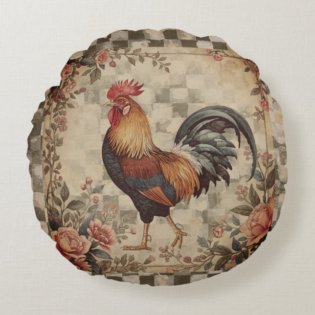 Lovely Vintage Rooster ,Flowers Pattern, Checke Rund Kudde (Framsidan)