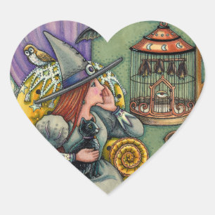 LOVELY WITCH, CAT & HER PETS, FLADDERMUS CAGE, HAL HJÄRTFORMAT KLISTERMÄRKE