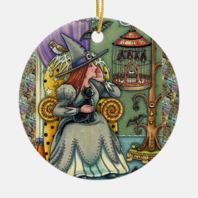 LOVELY WITCH, CAT & HER PETS, FLADDERMUS CAGE, HAL JULGRANSPRYDNAD KERAMIK (Framsidan)