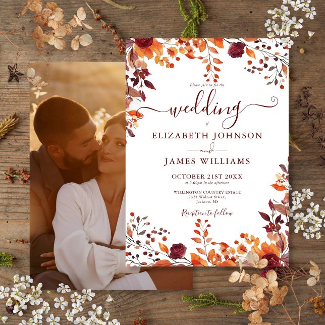 Löven Höstfällning för Blommigten Photo Bröllop Inbjudningar (Autumn Fall Floral Leaves Photo Wedding Invitation)