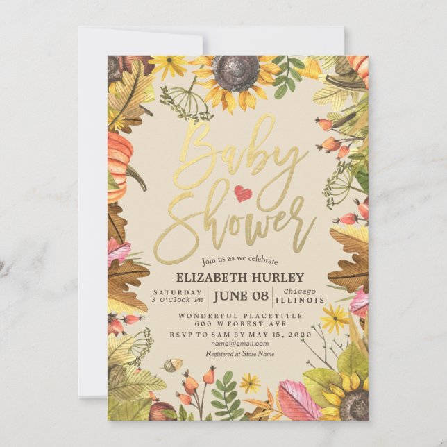 Löven Pumpkin-solblommor för babyvisningsprogramme Inbjudningar (Framsida)