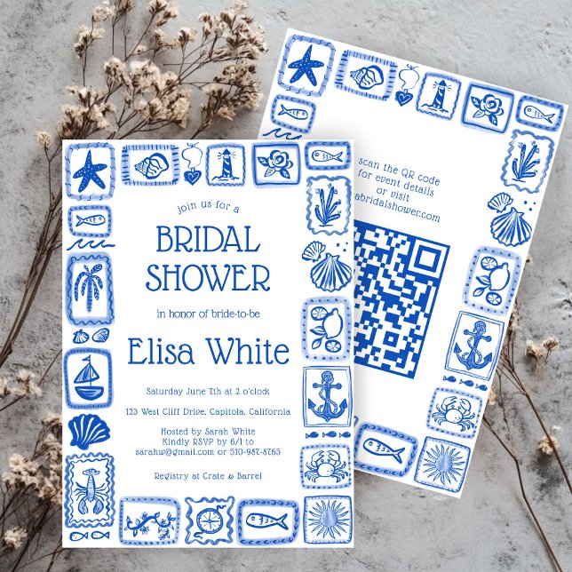 LoveNotes från Sea Modern ANPASSNINGSBAR QR-Möhipp Inbjudningar (LoveNotes from the Sea Modern CUSTOM QR Beachy Summer Bridal Shower Invitation
)