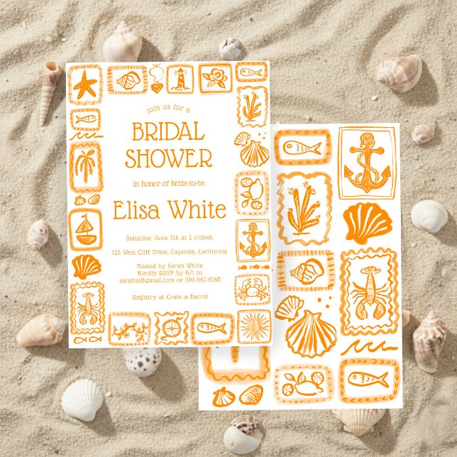 LoveNotes från Sea Möhippa Modern ANPASSNINGSBAR Inbjudningar (LoveNotes from the Sea Bridal Shower Orange Fresh Modern CUSTOM Invitation
)