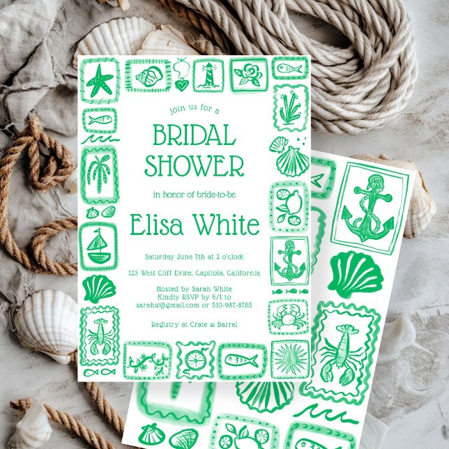 LoveNotes från Sea Möhippa Modern ANPASSNINGSBAR Inbjudningar (LoveNotes from the Sea Bridal Shower Modern Hand Drawn Beach Summer CUSTOM Invitation
)