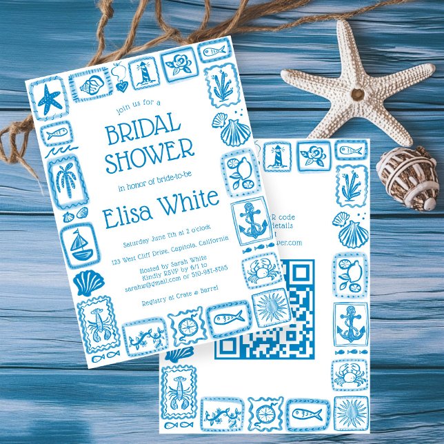 LoveNotes från Sea Möhippa Modern ANPASSNINGSBAR Q Inbjudningar (LoveNotes from Sea  Modern Preppy Beach CUSTOM QR Code Bridal Shower Invitation
)