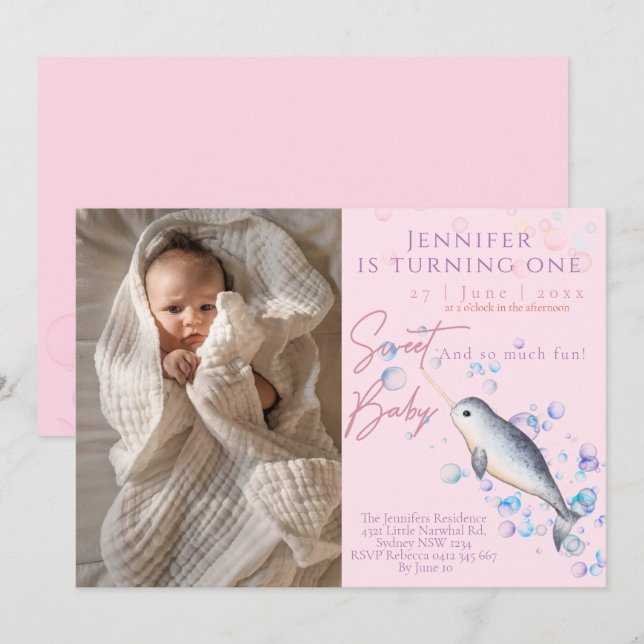 Loving baby Narwhal 1st Birthday Party Investigati Inbjudningar (Fram/baksida)