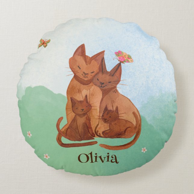 Loving Cat Family Rund Kudde (Framsidan)