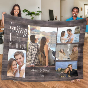 Loving Life med dig 5 Photo Collage Rustic Wood Fleecefilt