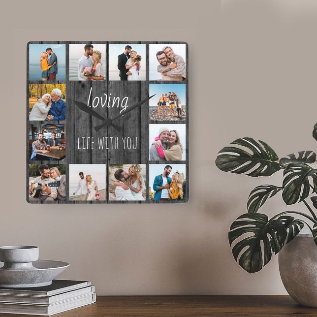 Loving Life med din offert 12 Photo Grått Wood Fyrkantig Klocka (Grey wood effect clock with 12 photos - lettered with "loving life with you")