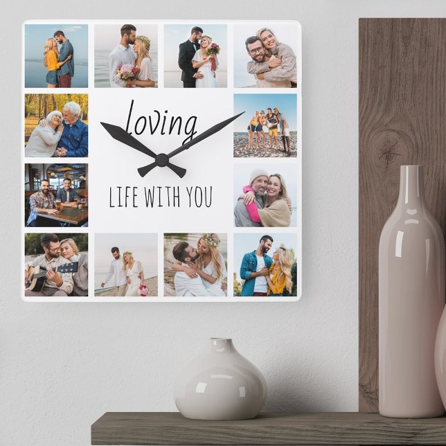 Loving Life med din offert 12 Photo White Fyrkantig Klocka (Loving life with you .. stylish useful photo gift for romantic couples, anniversary, engagement ..)