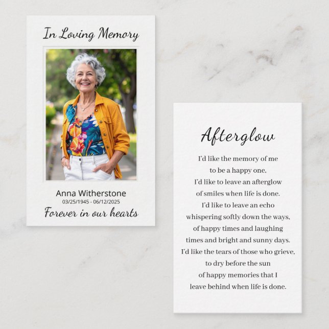 Loving Memory Anpassningsbar Photo Funeral Memoria Visitkort (Fram/baksida)