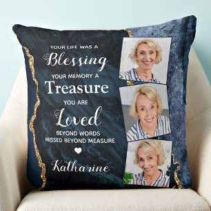 Loving Memory Personlig 3 Photo Blue Memorial Kudde
