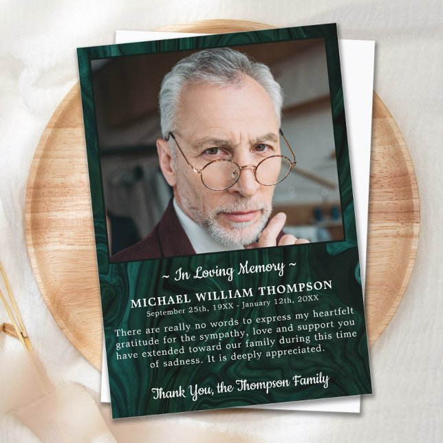 Loving Memory Sympathy Photo Grönt Marble Funeral Tack Kort (Skapare uppladdad)