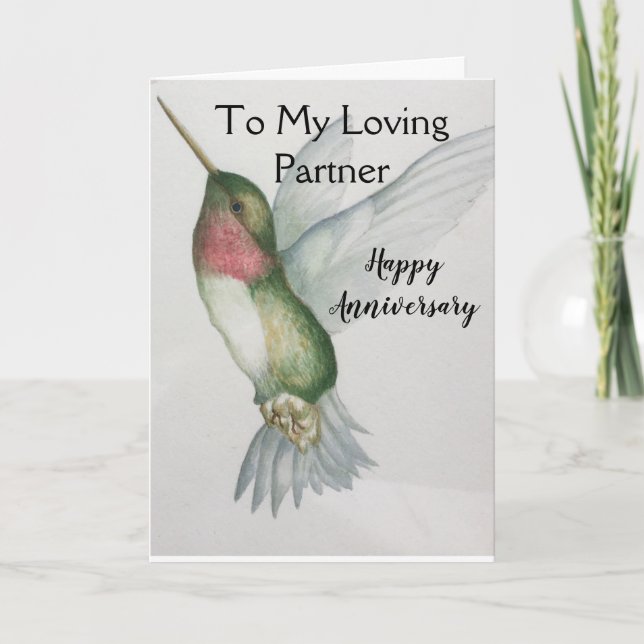 Loving Partner-årsdag Hummingbird Watercolor Kort (Framsida)