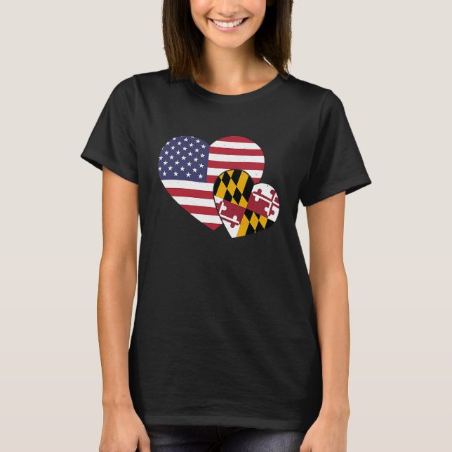 Loving USA & Maryland State Flag Heart Proud Ameri T Shirt (Framsida)