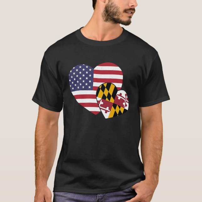 Loving USA & Maryland State Flag Heart Proud Ameri T Shirt (Framsida)