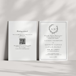 Lövmonogramm Krön Svart Vitt QR-kod Bröllop Inbjudningar