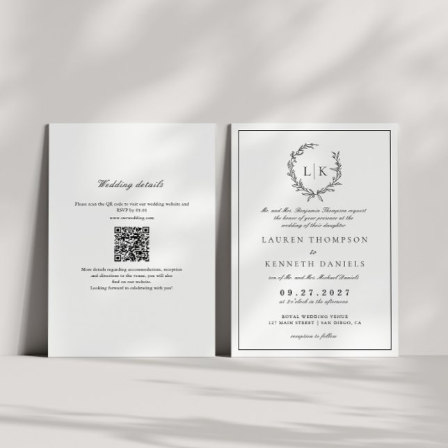 Lövmonogramm Krön Svart Vitt QR-kod Bröllop Inbjudningar (Skapare uppladdad)