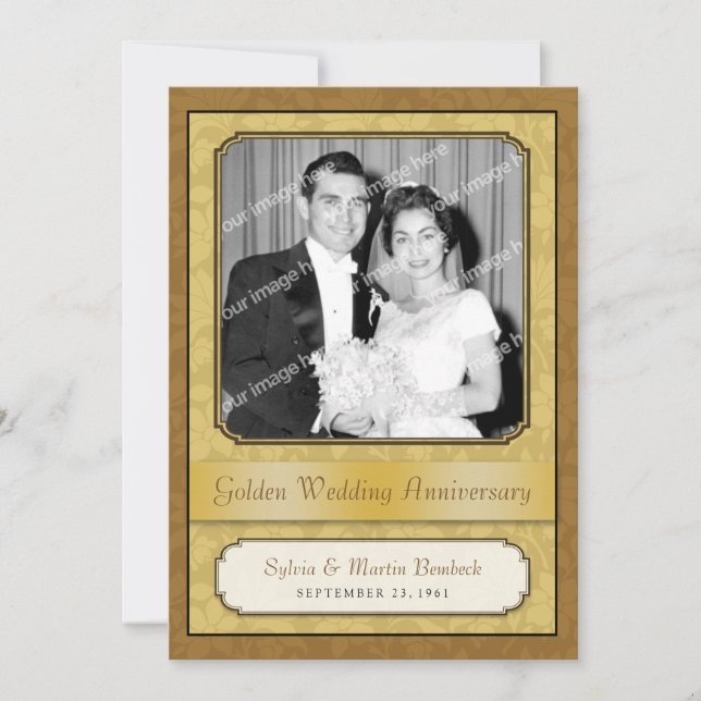 Lövrön Blommig Guld-Damask (50-års) jubileumsinbju Inbjudningar (Framsida)