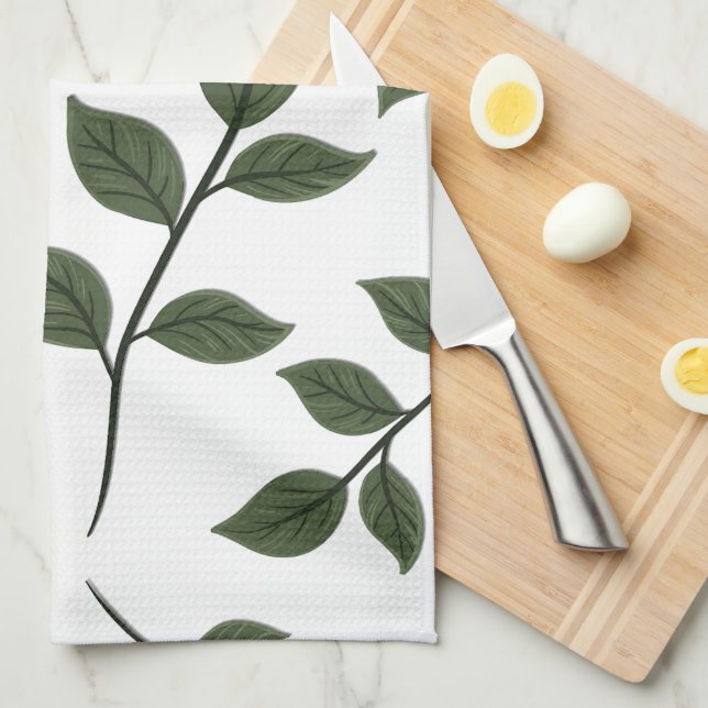 Lövverk Grenar med gröna blad på vitt Kökshandduk (Vikt i Fjärdedel)
