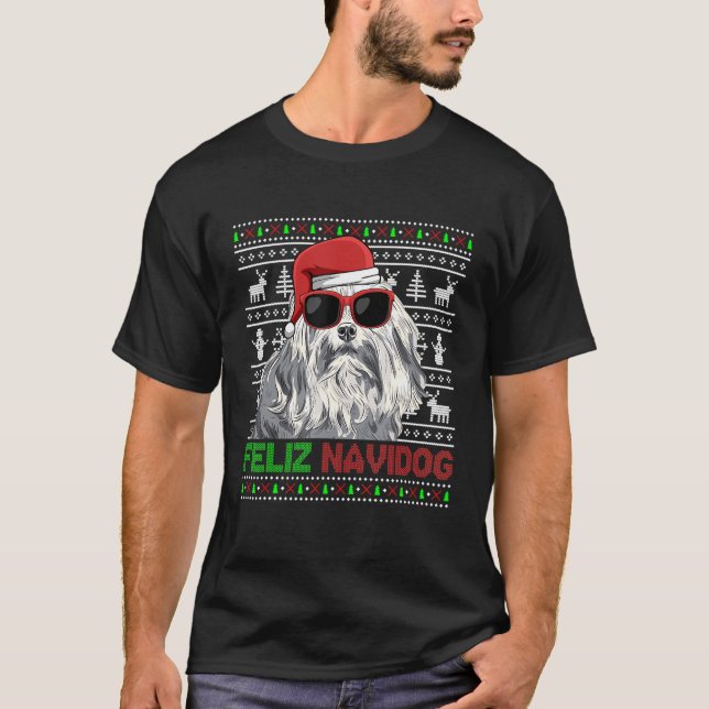 Lowchen Hund Feliz Navidog Funny jul T Shirt (Framsida)