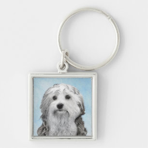 Lowchen Painting - Cute Original Hund Art Fyrkantig Silverfärgad Nyckelring