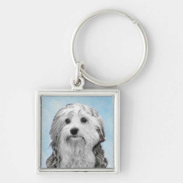 Lowchen Painting - Cute Original Hund Art Fyrkantig Silverfärgad Nyckelring (Framsidan)