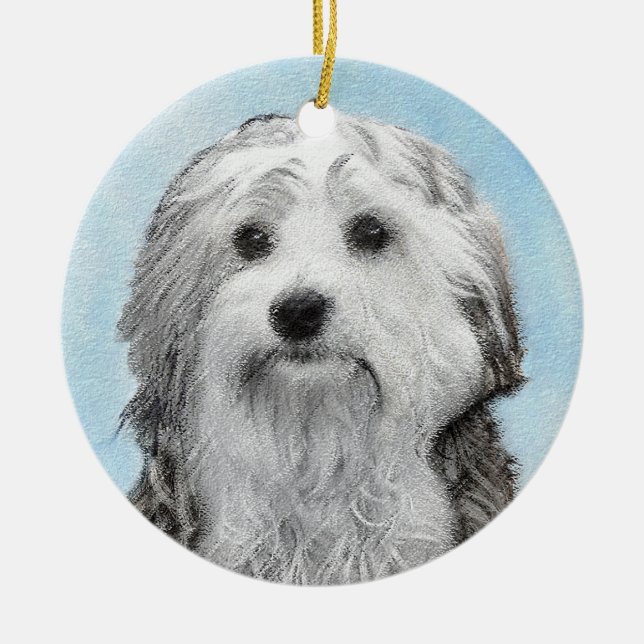 Lowchen Painting - Cute Original Hund Art Julgransprydnad Keramik (Framsidan)