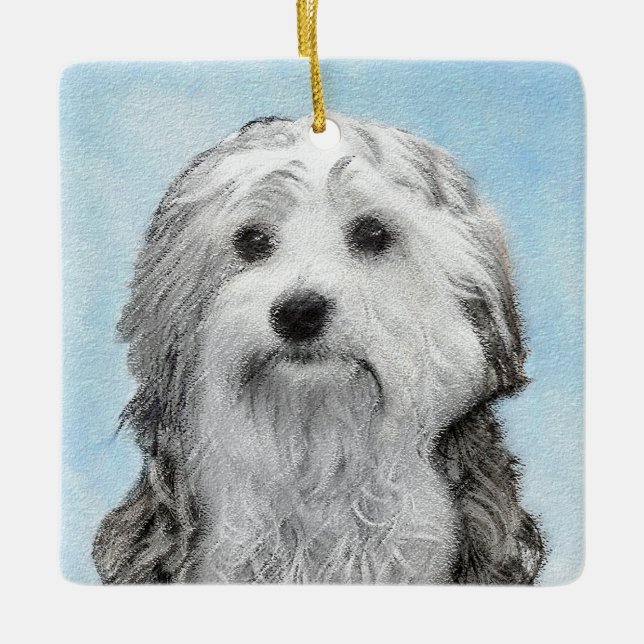 Lowchen Painting - Cute Original Hund Art Julgransprydnad Keramik (Framsida)