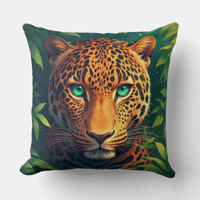 Löwendalande Leopardporträtt Med Smaragdögon Kudde (Framsida)