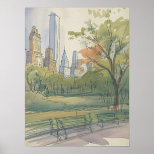 Lower Manhattan Park Watercolor Sketch Poster
