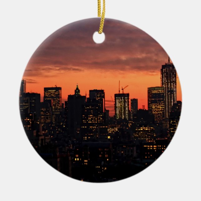 Lower Manhattan-silhoutten i skymning, rosa himmel Julgransprydnad Keramik (Framsidan)