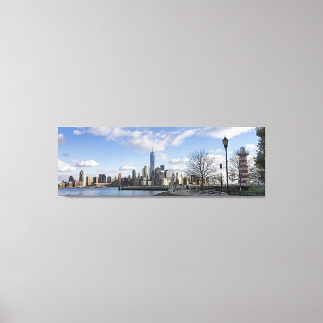 Lower Manhattan Skyline med Lighthouse Triptych Canvastryck (Framsida)