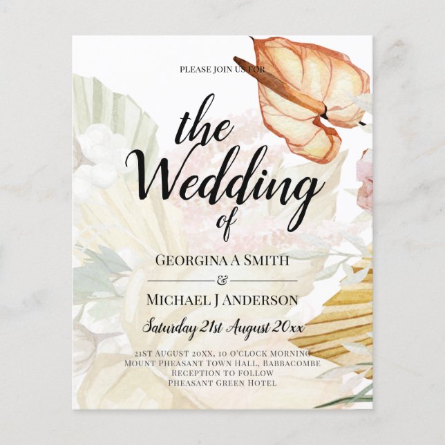 LOWEST budgeterade tropiska pampas grus fet Bröllo Flygblad (Framsidan)