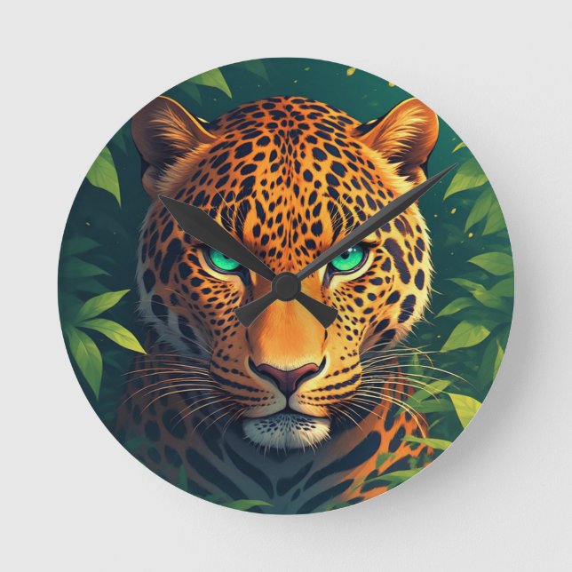Löwikt leopardporträtt med smaragdögon rund klocka (Framsida)