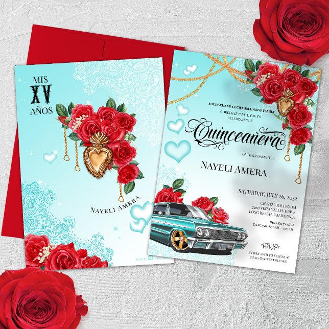 Lowrider Chola Chicano Röd ros Quinceanera Inbjudningar (Skapare uppladdad)