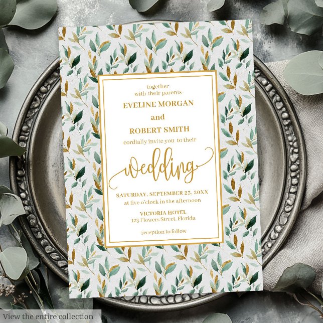 Loxury Hunter Grönt Guld Lövs bröllopsinbjudan Inbjudningar (Luxury Hunter Green Gold Leaves Wedding Invitation)
