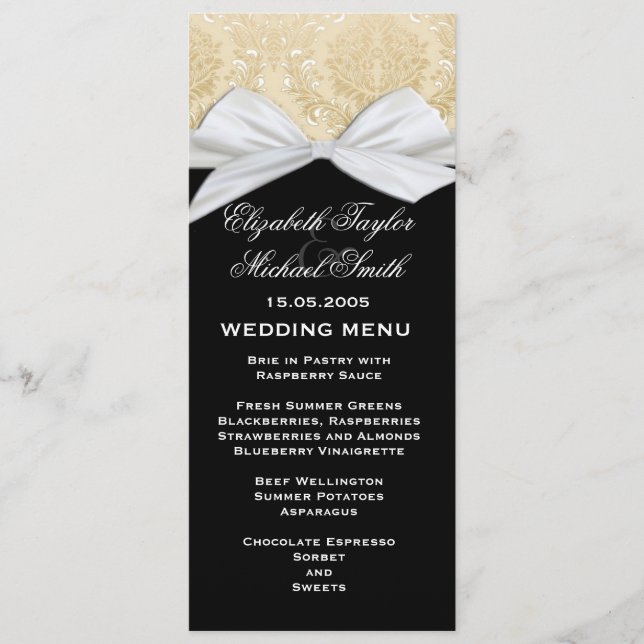 Loxury Ribbon Black Guld Damask Wedding Menu Meny (Framsida)