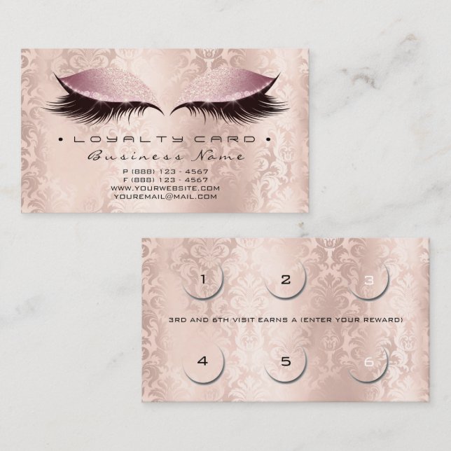 Loyalty Card 6 Beauty Damask Lashe Studio SPA Rosa Lojalitetskort (Fram/baksida)