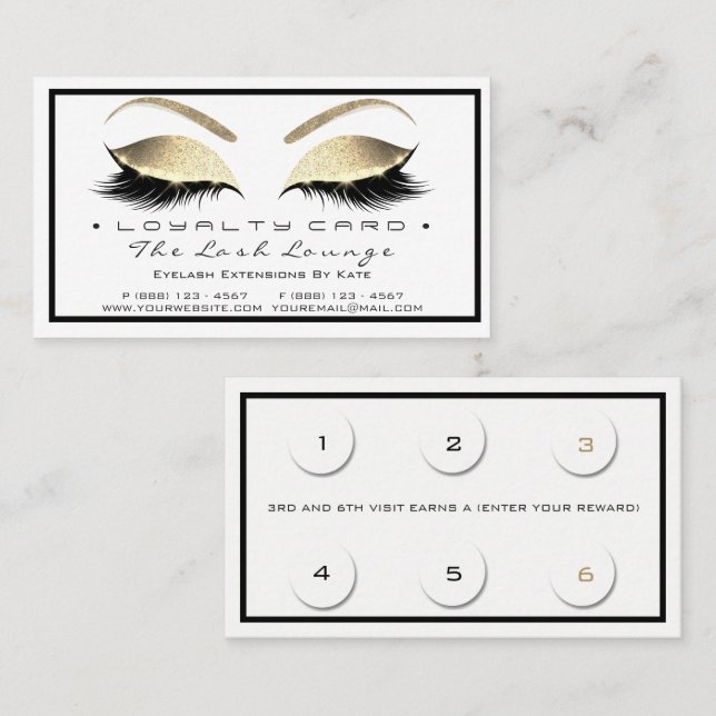 Loyalty Card 6 Beauty Salon Lash White Guld Glam Lojalitetskort (Fram/baksida)