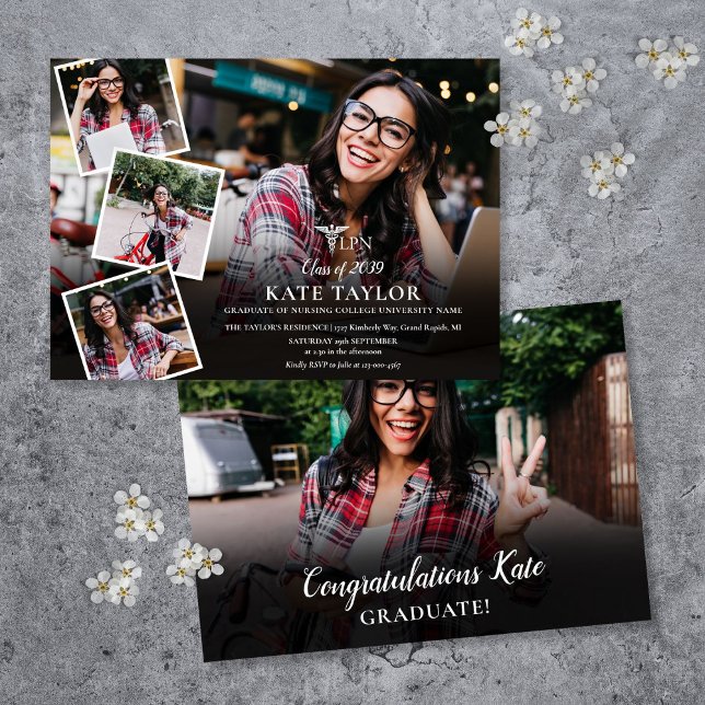 LPN Sjuksköterska 5 Foto Collage Examen Fest Inbjudningar (LPN Nursing 5 Photo Collage Graduation Party Invitation)