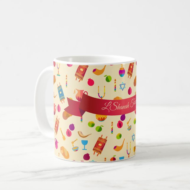 L'Shana Tova! Rosh Hashanah Nya året Party Mönster Kaffemugg (Framsida vänster)