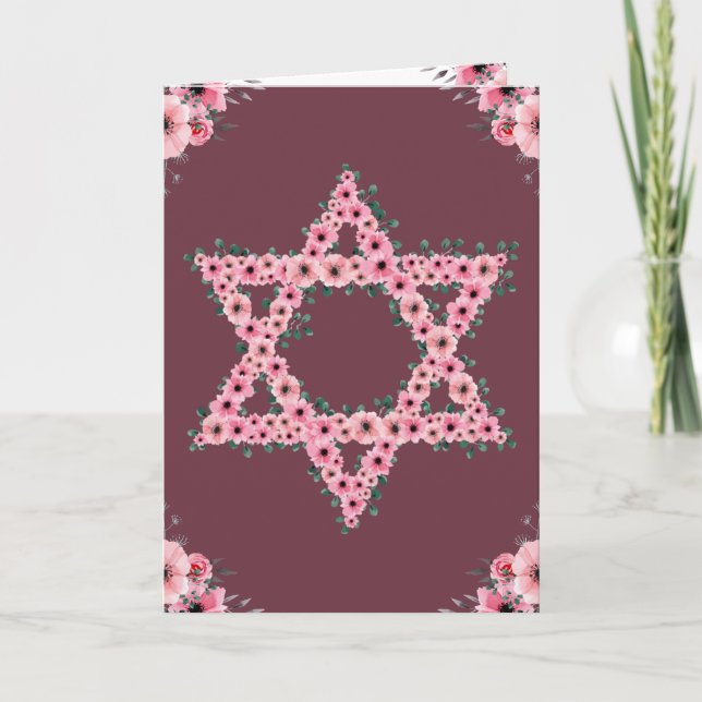 L'Shanah Tovah Davidstjärna Rosa Blomma Kort (Framsida)