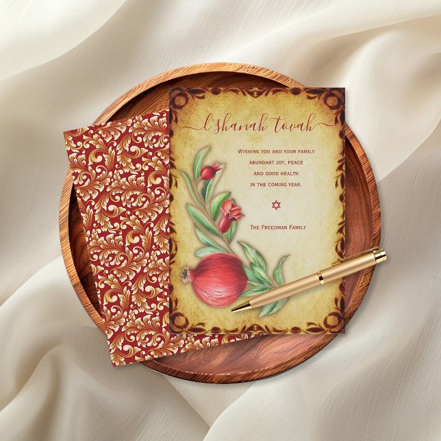 L'shanah Tovah Glad Rosh Hashanah judisk Julkort (Rosh Hashanah Greeting Card with pomegranates and a damask pattern.)