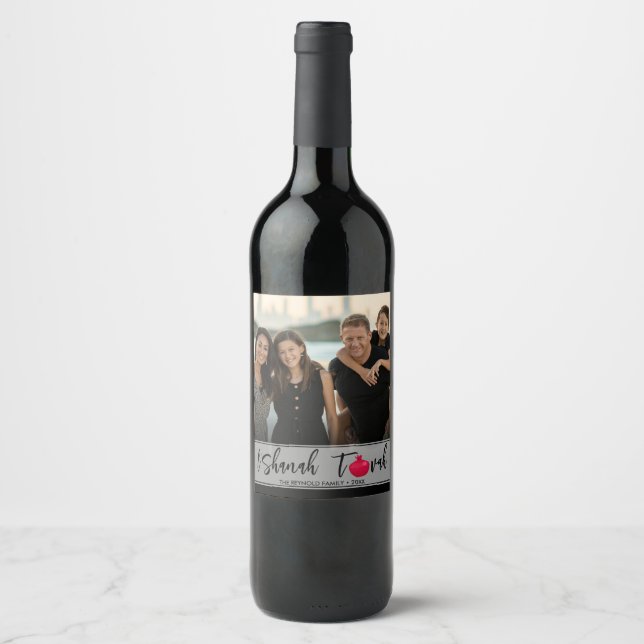 L'Shanah Tovah Pomegranate Elegant Script Photo Vinflaska Etikett (Framsida)