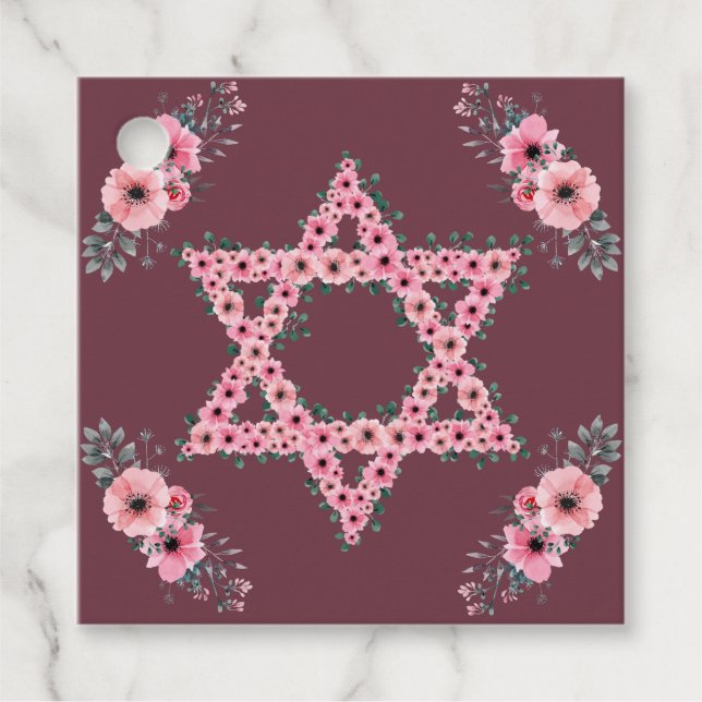 L'Shanah Tovah Star of David Rosa Flower Gåvor Etiketter (Framsida)